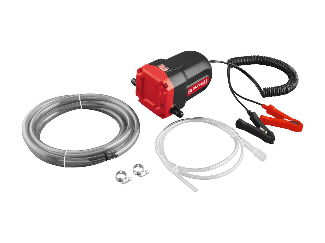 Ultimate Speed oil extraction pump with hoses, clamps, and battery clips.