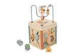 Wooden activity cube with forest animal theme, bead maze, and shape sorter.