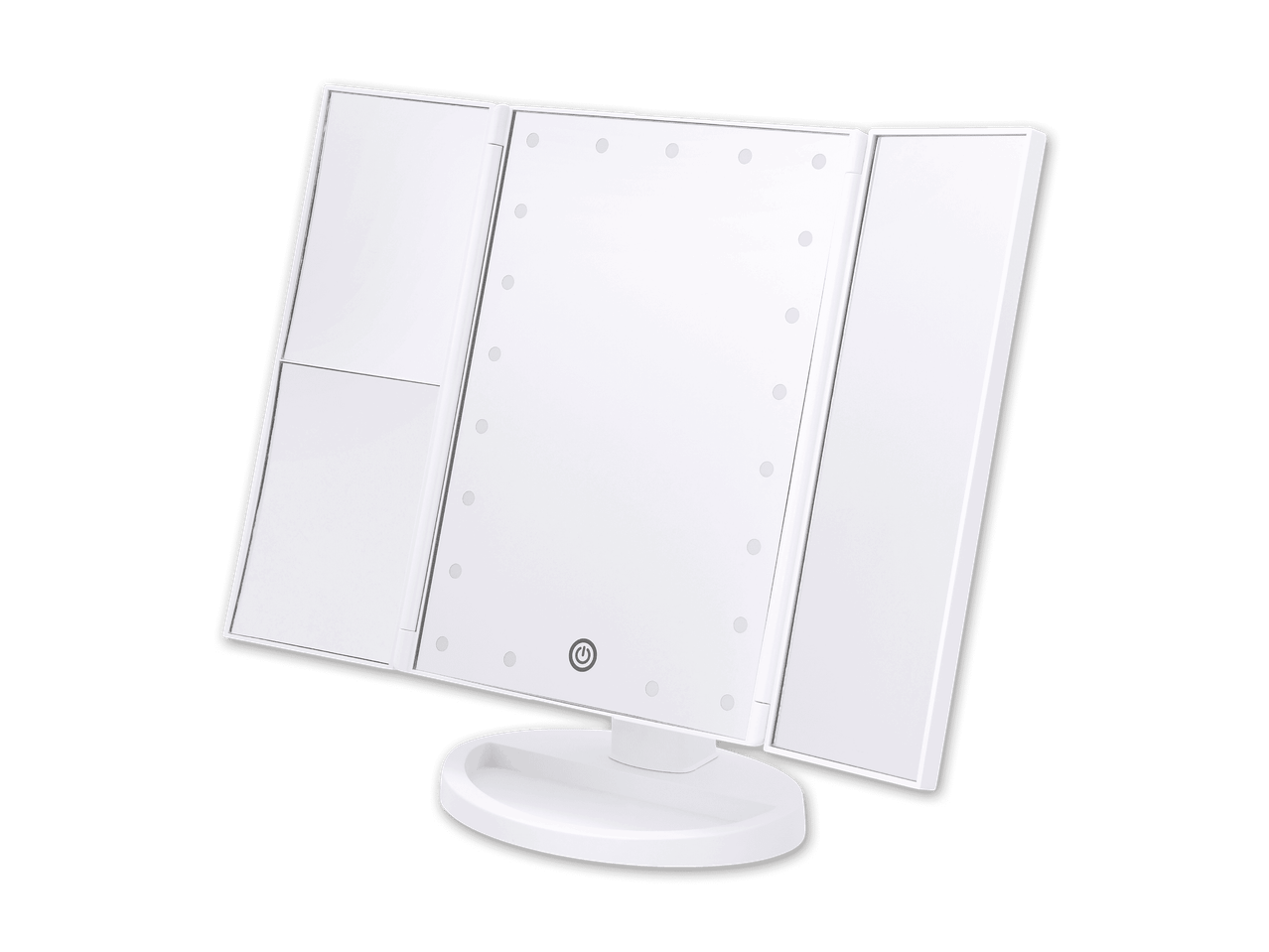 Weißer dreifach klappbarer Kosmetikspiegel mit LED-Beleuchtung und Touch-Schalter auf schwarzem Hintergrund.