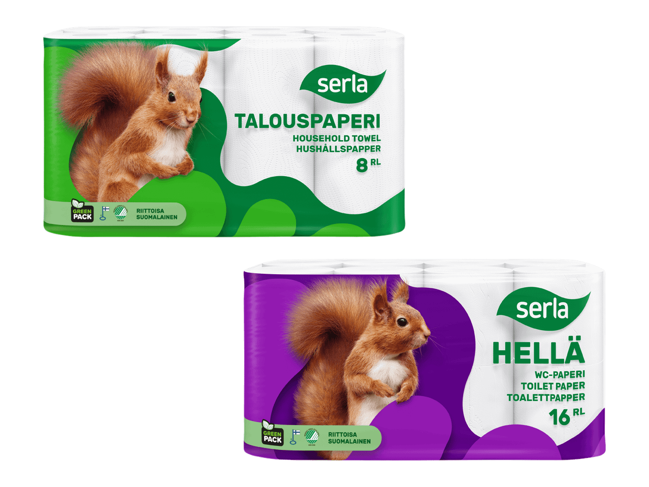Kaksi pakkausta talouspaperia ja wc-paperia, joissa on oravan kuva ja teksti 'Green Pack'.
