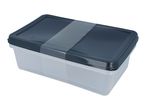Rectangular food storage container with a dark grey lid and a clear plastic body.
