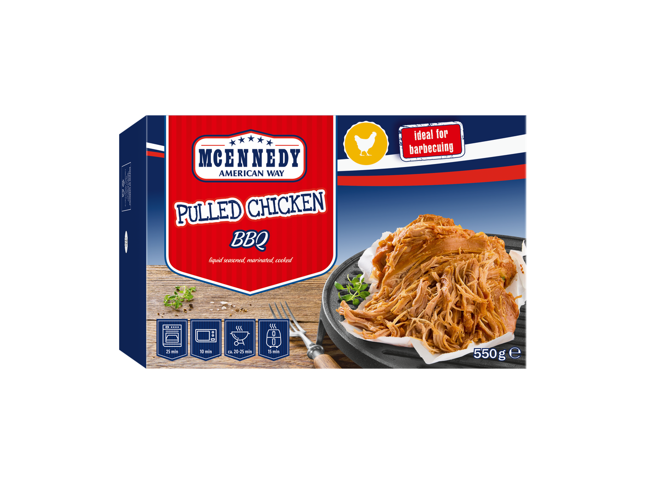 MCENNEDY plēstā vistas gaļa BBQ, šķidri garšota, marinēta, vārīta, 550g