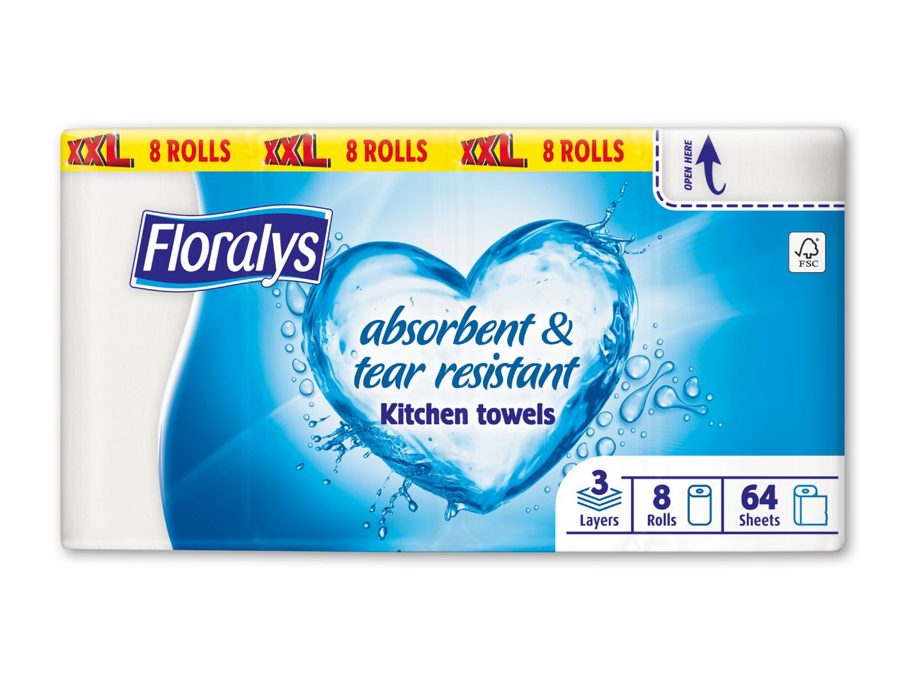 Floralys XXL køkkenruller, 8 ruller, absorberende og rivefaste, 3 lag, 64 ark.