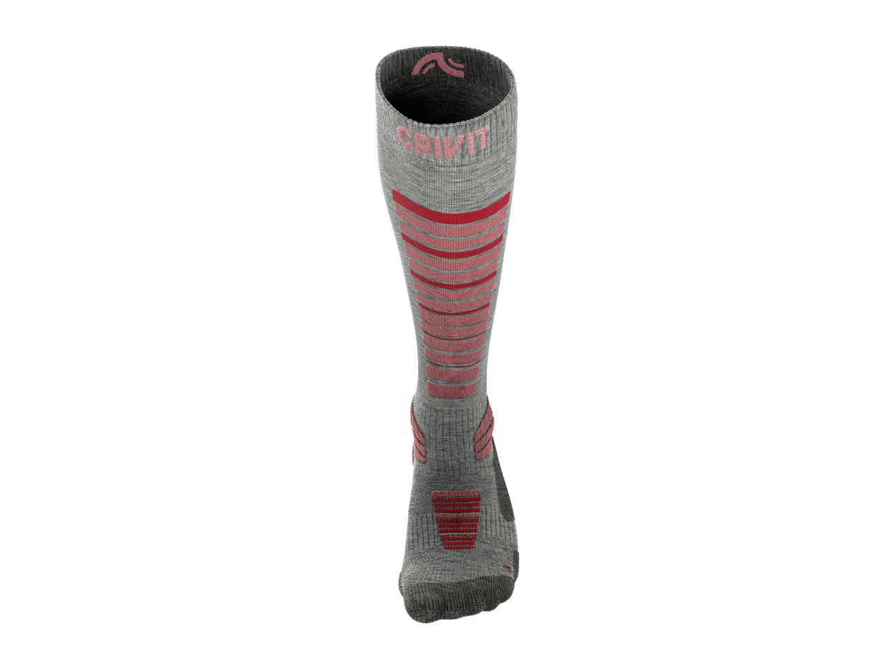 Gray and red athletic sock with a striped pattern and brand logo