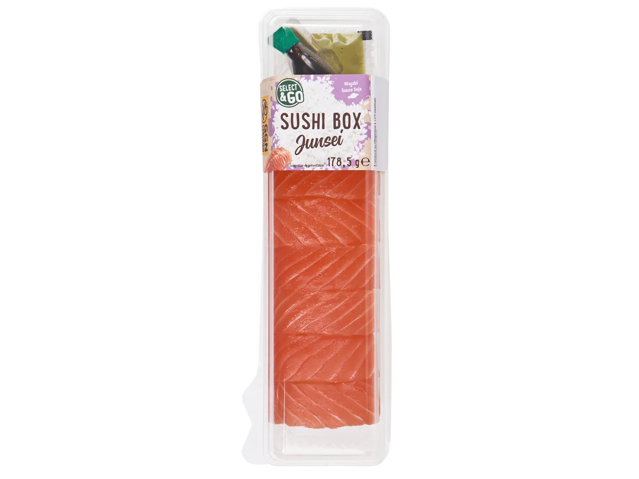 Boîte de sushi Select & Go Junsei : sushi au saumon, wasabi et sauce soja.