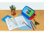 Pencils, scissors, and a Super Mario pencil case for school.