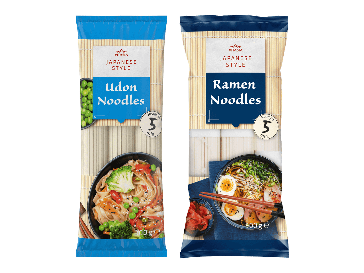 Japanilaistyyliset Udon- ja Ramen-nuudelit 300 gramman pakkauksissa.