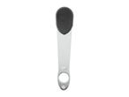 Silver-colored metal bottle opener with a black plastic handle