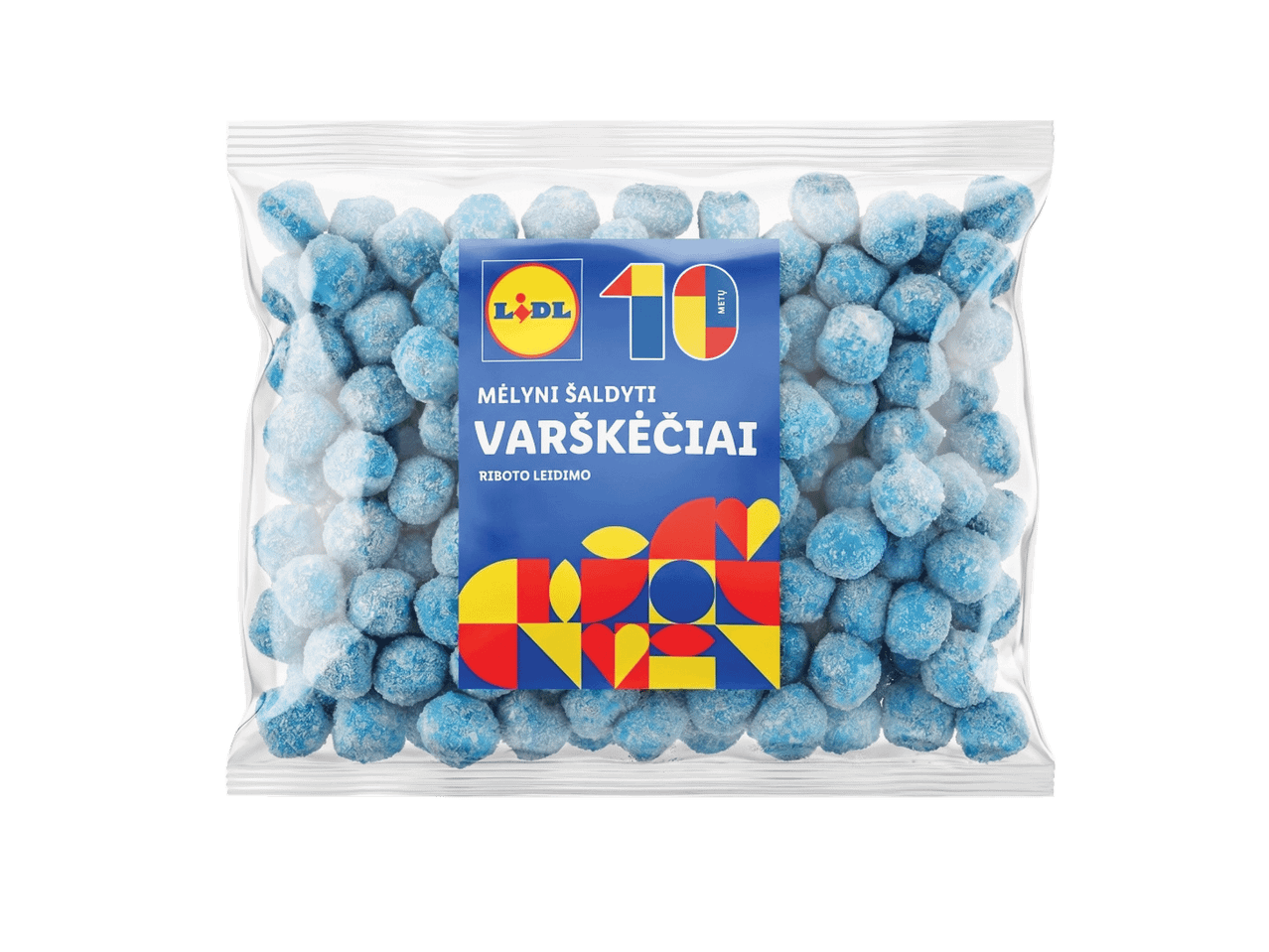 Mėlyni šaldyti varškėčiai su cukraus pudra, pakuotė su 10 metų jubiliejaus logotipu.