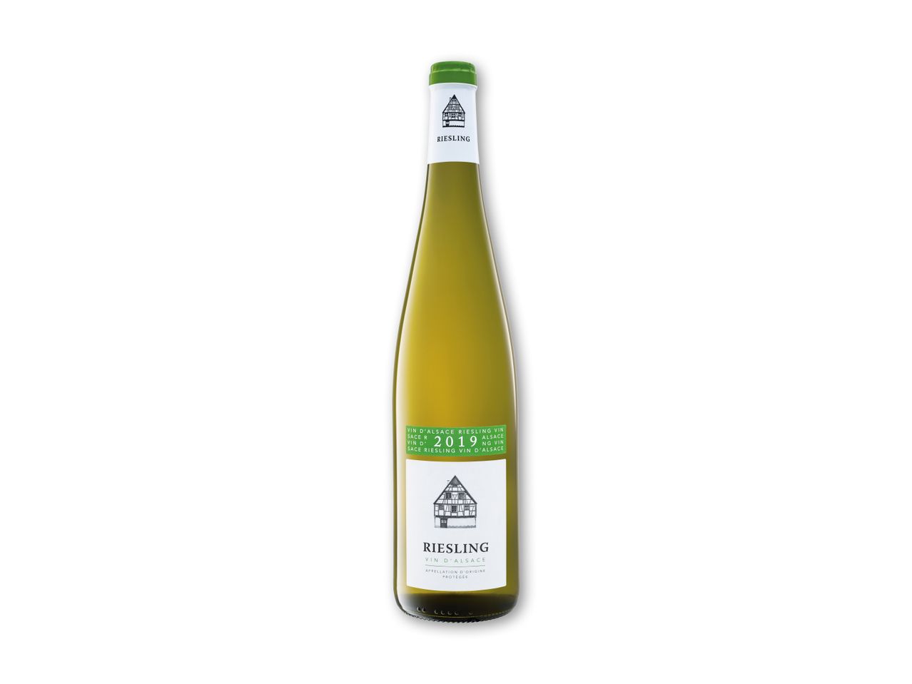 Hvidvin af Riesling-druen fra Alsace, årgang 2019, med et traditionelt hus på etiketten.