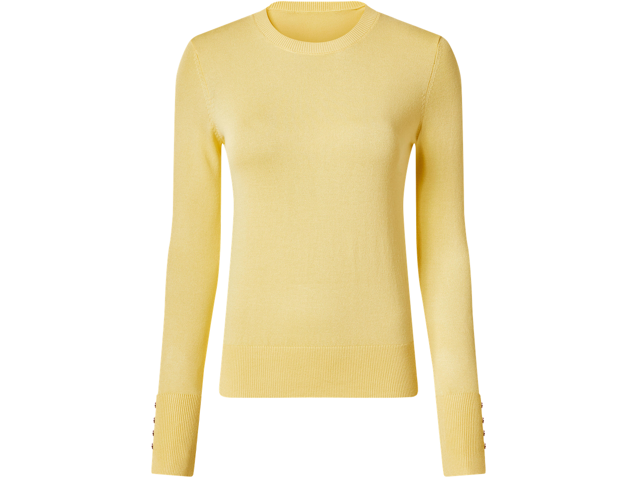 Sárga, hosszú ujjú női pulóver kerek nyakkivágással és gombokkal a mandzsettán.