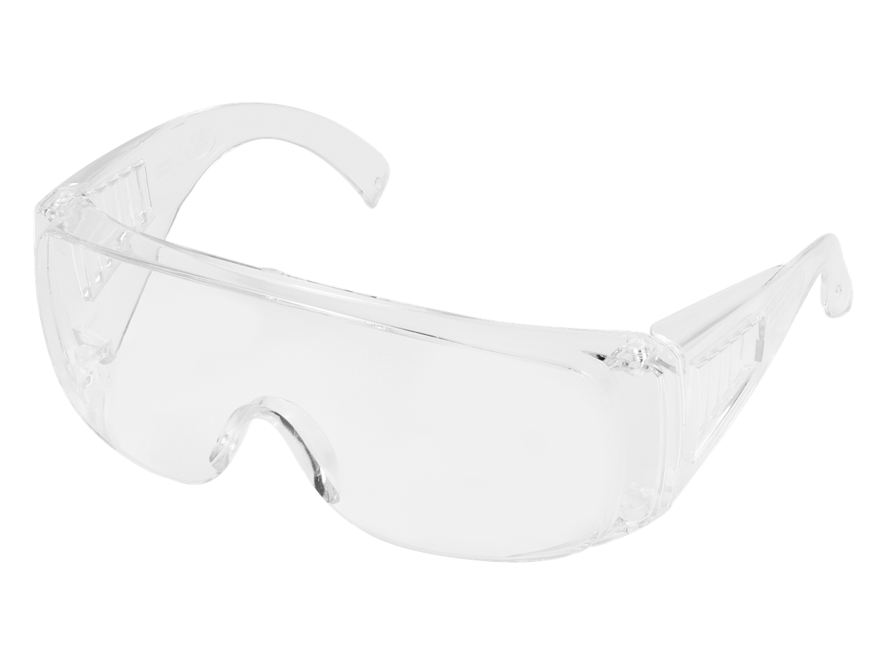 Clear plastic safety glasses with a curved frame.