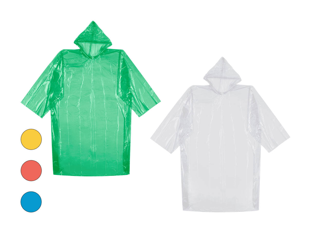 Ponchos de pluie en plastique vert et blanc avec capuche, avec échantillons de couleurs.