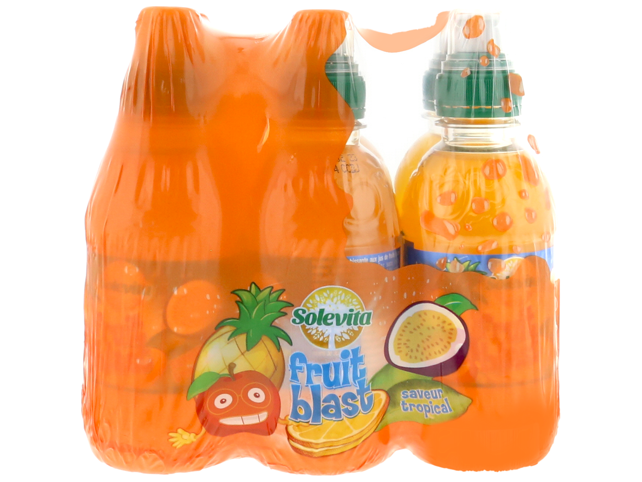 Pack de six bouteilles de jus de fruits tropicaux, avec des illustrations de fruits sur l'emballage.