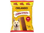 Жълта опаковка лакомства за кучета с надпис 'XXL Chew Strips' и изображение на куче.