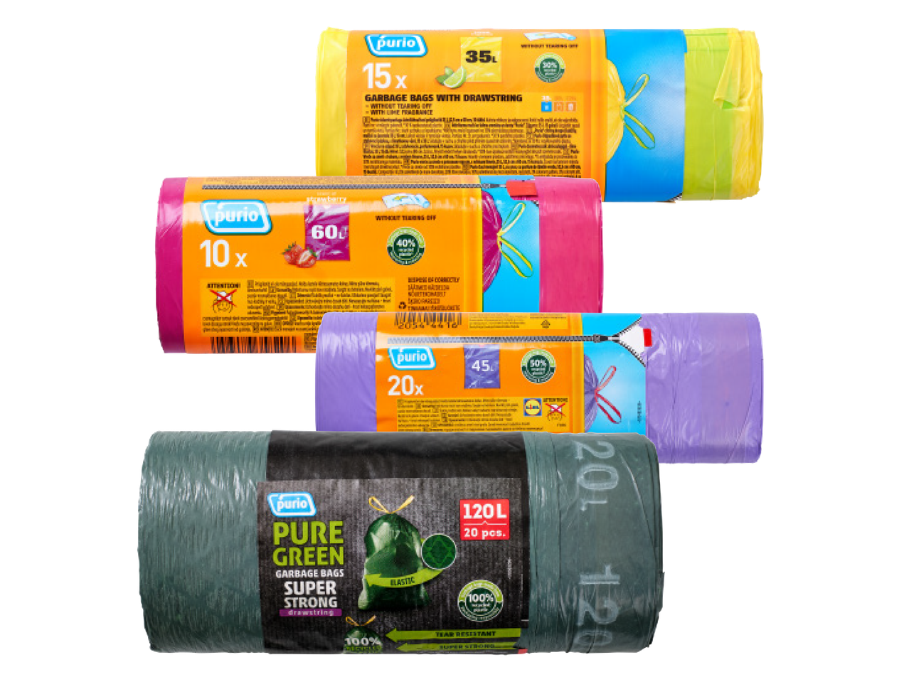Purio Pure Green Super Strong 120L prügikotid ja teised Purio prügikotid erinevates suurustes ja värvides.