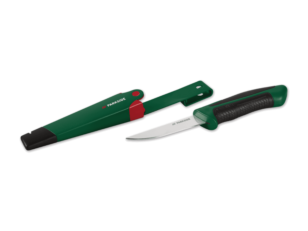 Ein Parkside-Messer mit grüner Scheide und Griff auf schwarzem Hintergrund.