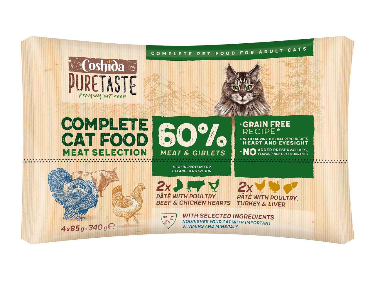 Coshida PureTaste: macskaeledel, 60% hús és belsőség, gabona nélkül.