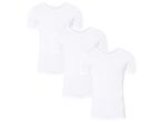 Three white short-sleeved undershirts with a round neck, stacked diagonally.
