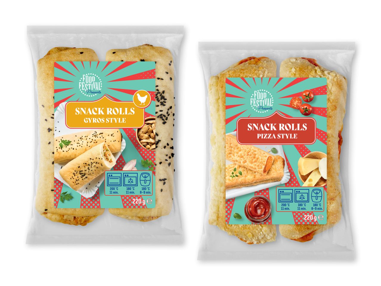 To pakker snackruller: Gyros-stil med kylling og Pizza-stil med tomater og ost.