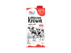 Pieno pakuotė su karvės piešiniu, nurodanti 3,2% riebumo UHT pieną, 1 litras.