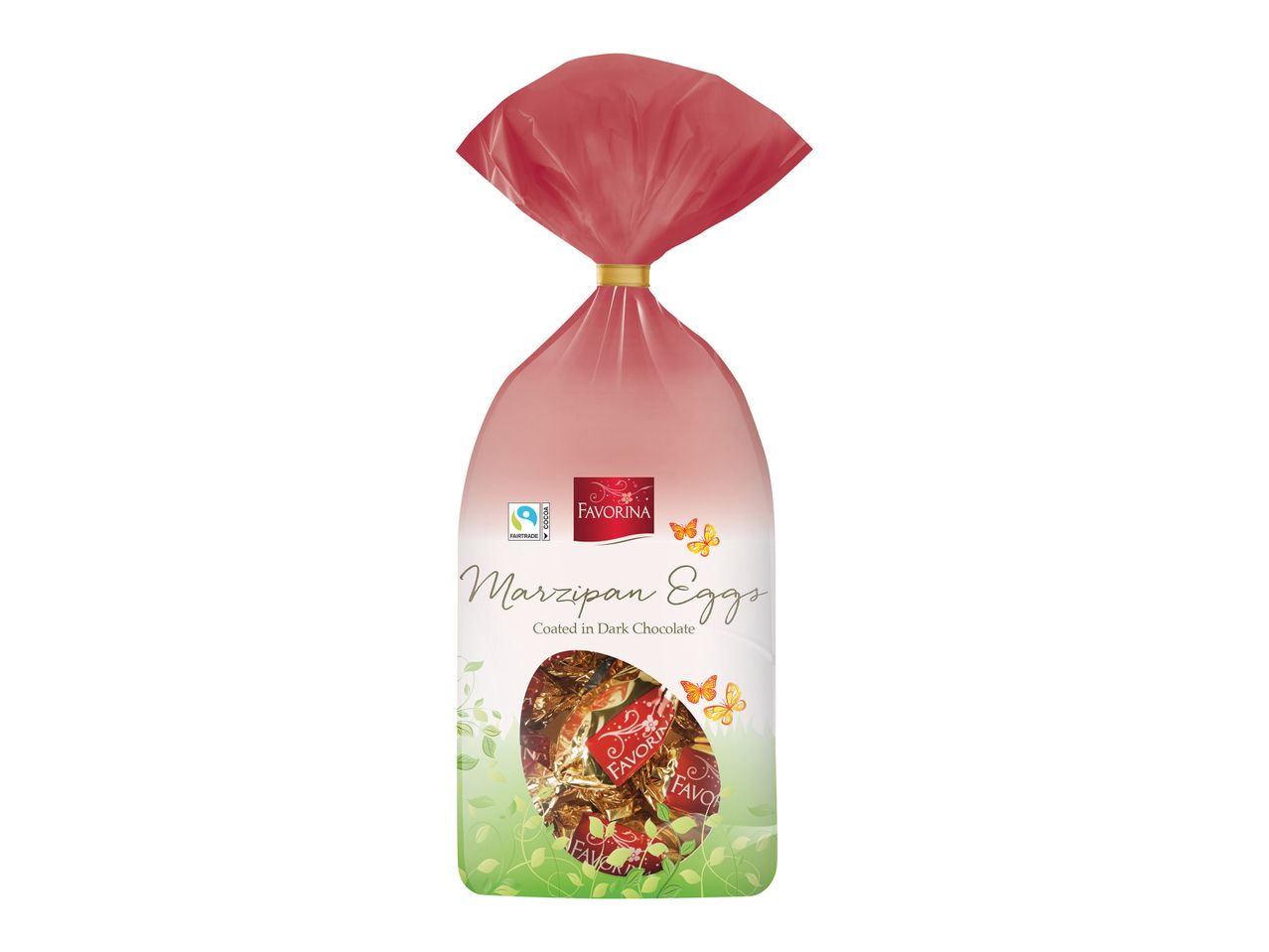 Σακούλα με αυγά αμυγδαλωτού επικαλυμμένα με μαύρη σοκολάτα, με ετικέτα Fairtrade κακάο.