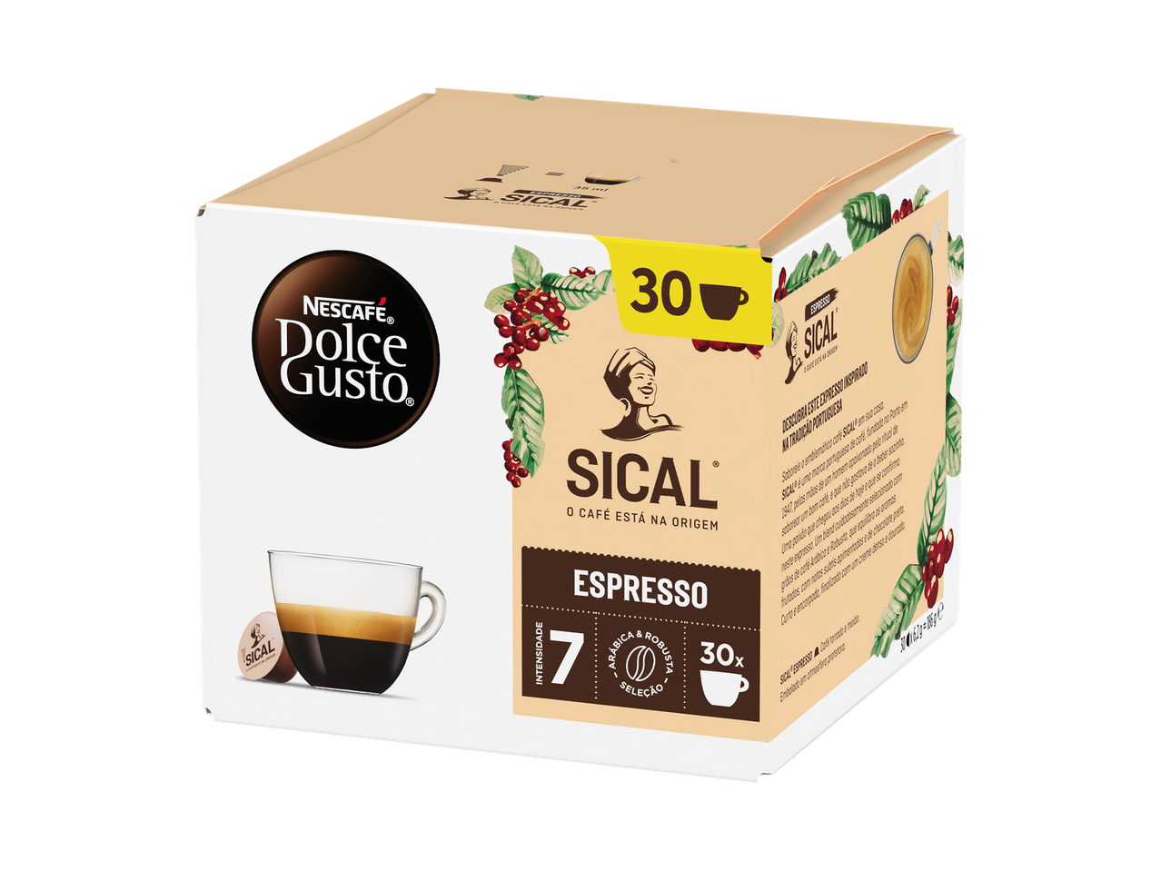 Caixa de cápsulas de café expresso com 30 unidades, intensidade 7, mistura Arábica e Robusta.
