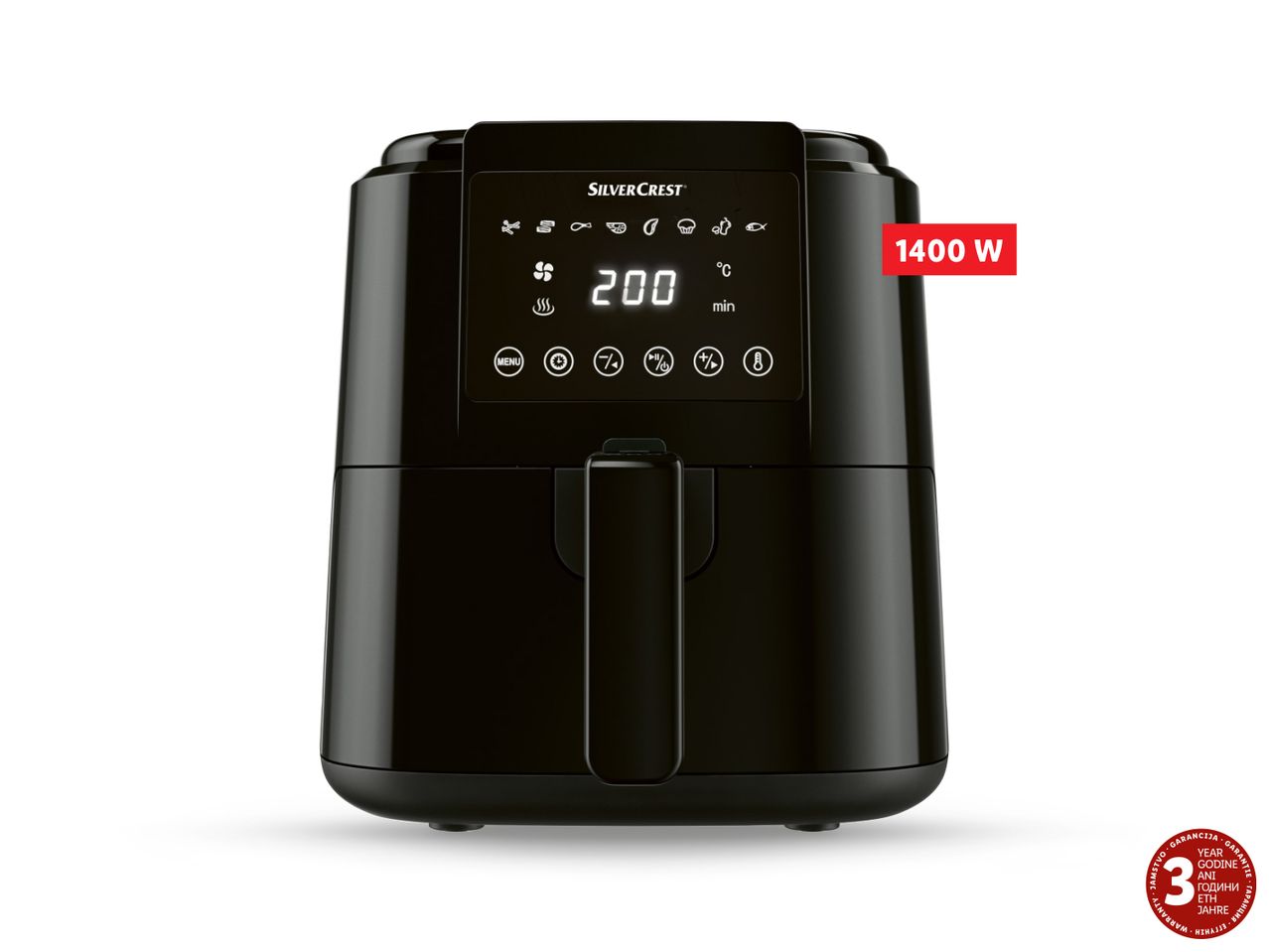 Crna friteza SilverCrest snage 1400 W s digitalnim zaslonom.