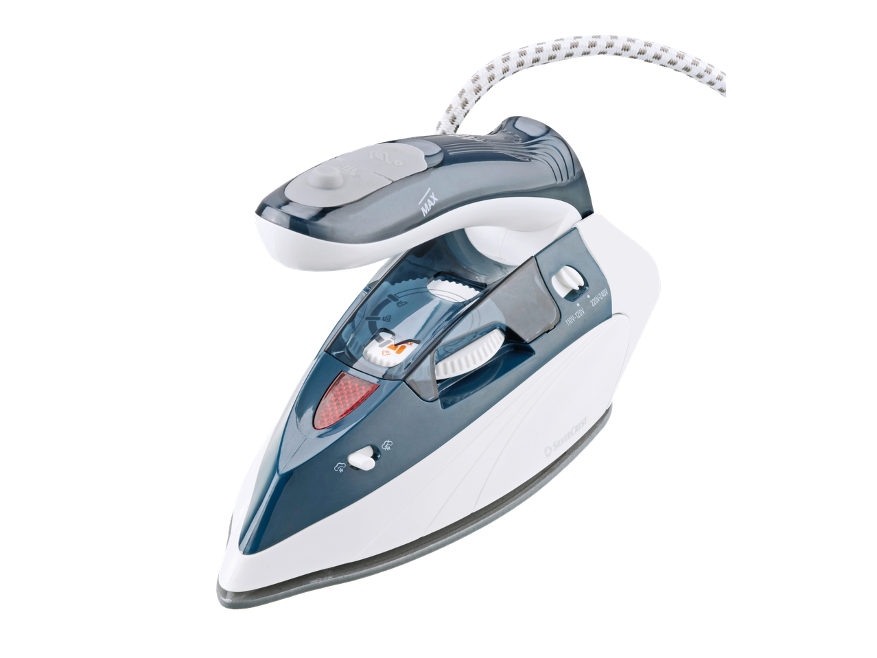 Ferro a vapor SILVERCREST em cinzento e branco com cabo têxtil, visto de cima.