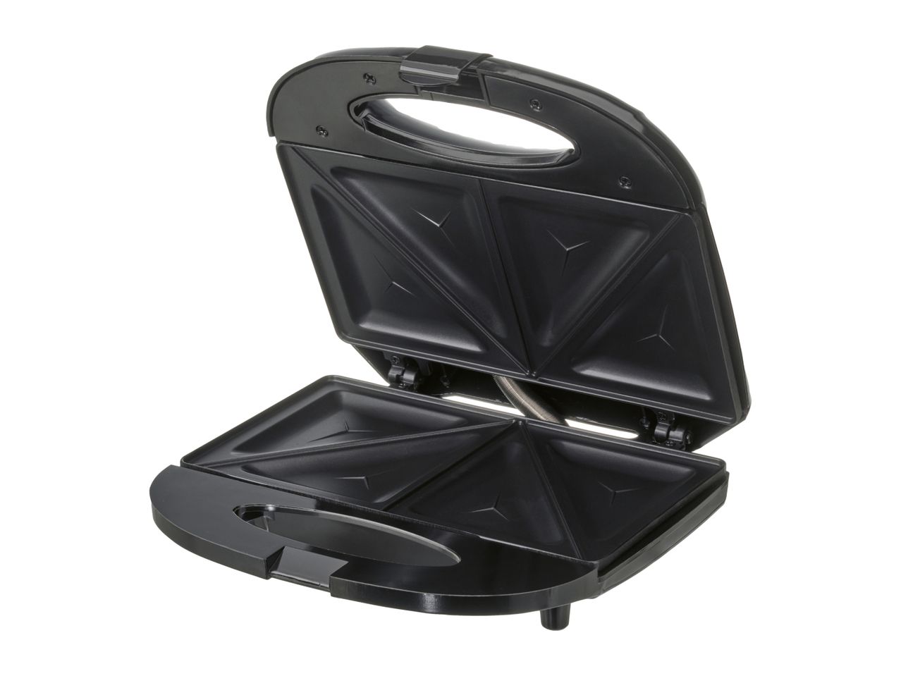 A black, open sandwich maker with a handle.