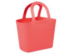 A coral-colored plastic tote bag with handles.