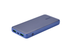 Blue power bank with multiple ports and a power button, displaying a subtle logo.