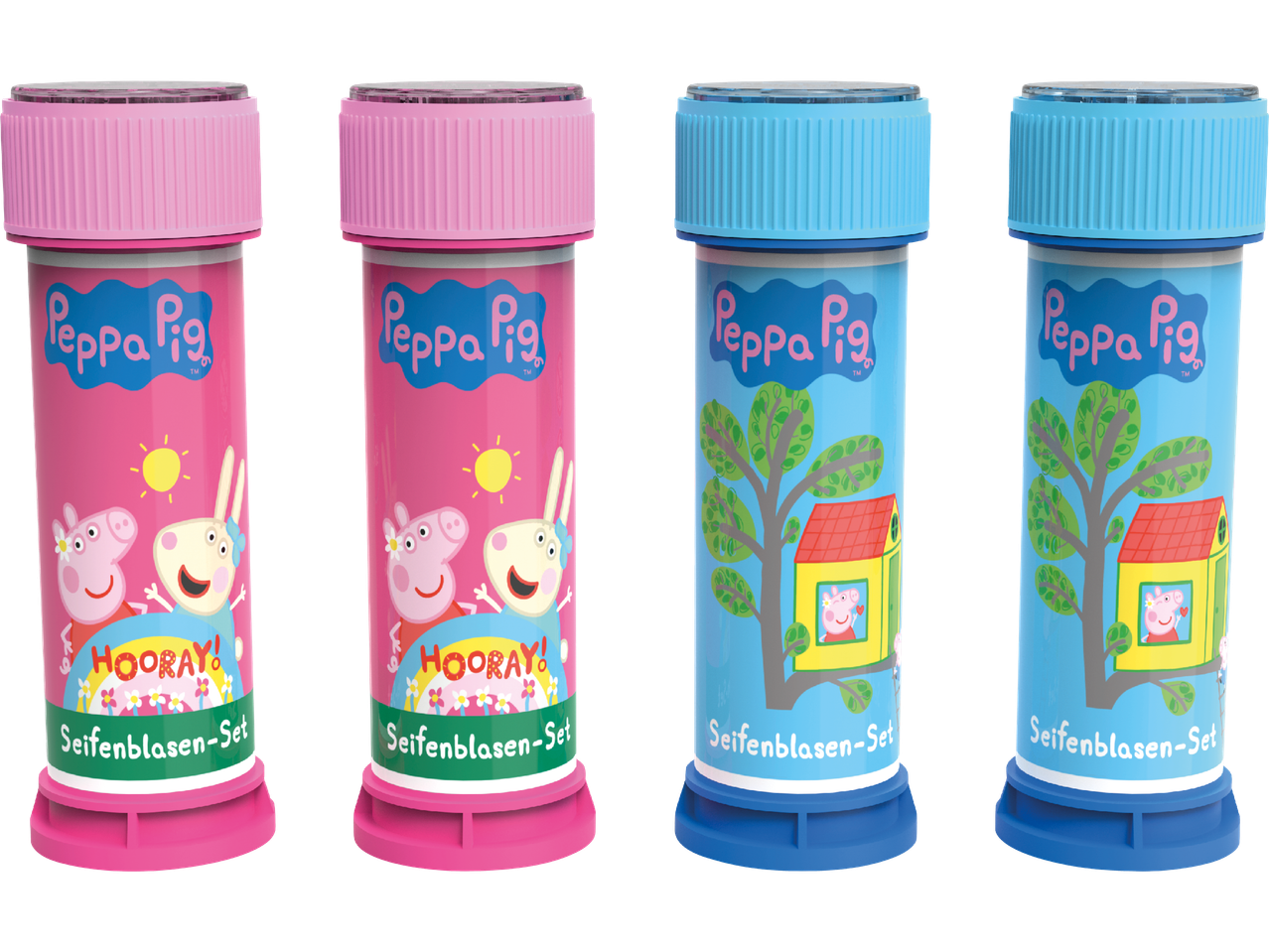 Två par Peppa Pig-bubbelflaskor, rosa och blå.