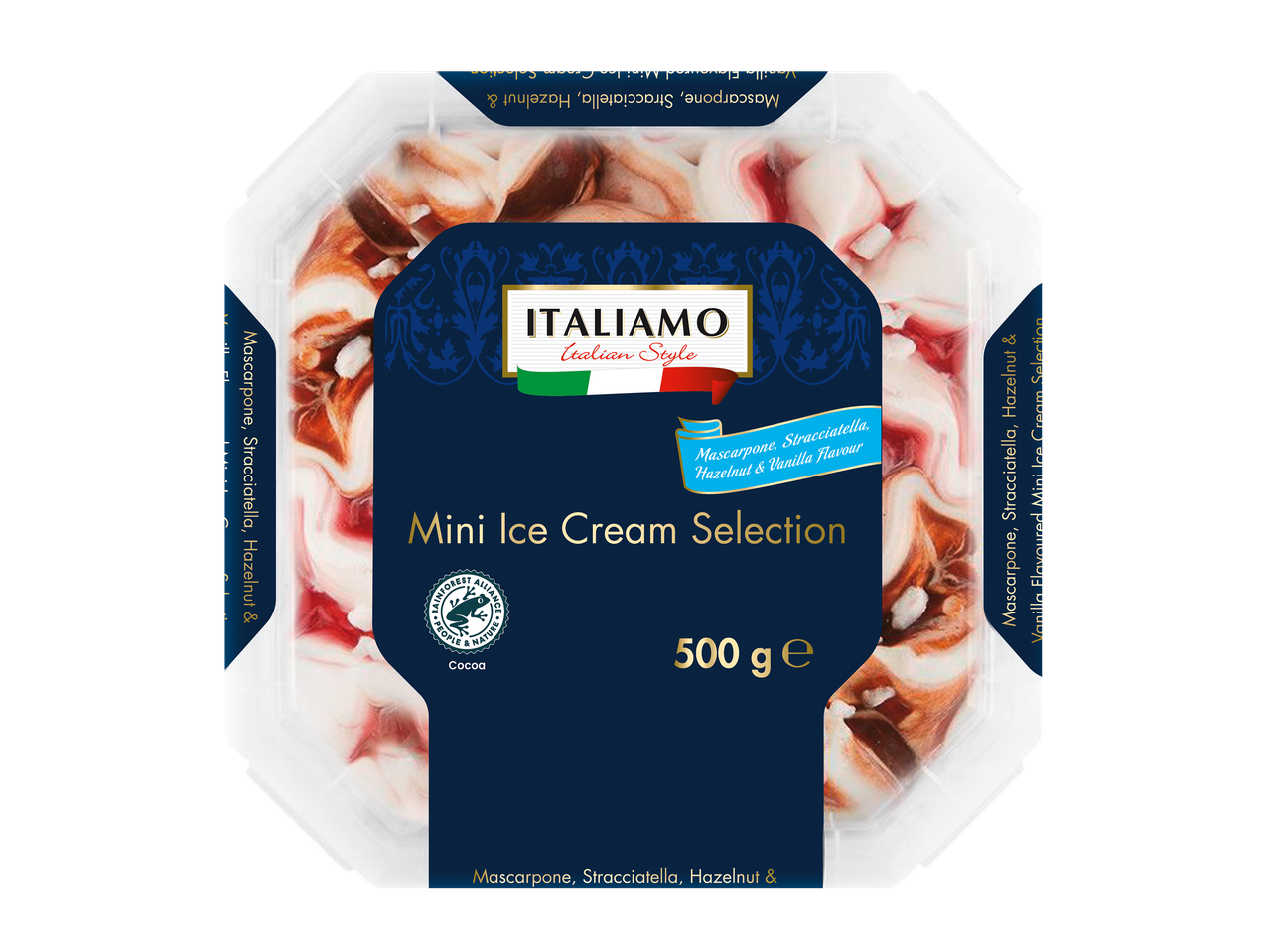 ITALIAMO Itālijas stila mini saldējuma izvēle (500 g) ar mascarpone, stracciatella, lazdu riekstu un vaniļas garšu.