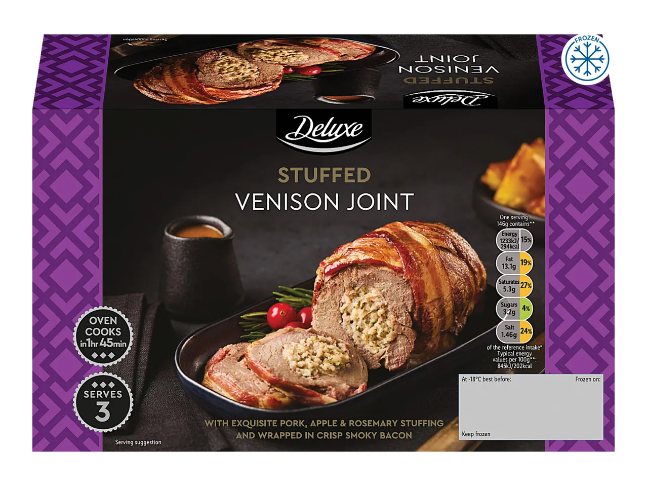 Deluxe Stuffed Venison Joint with pork, apple & rosemary stuffing, wrapped in bacon.