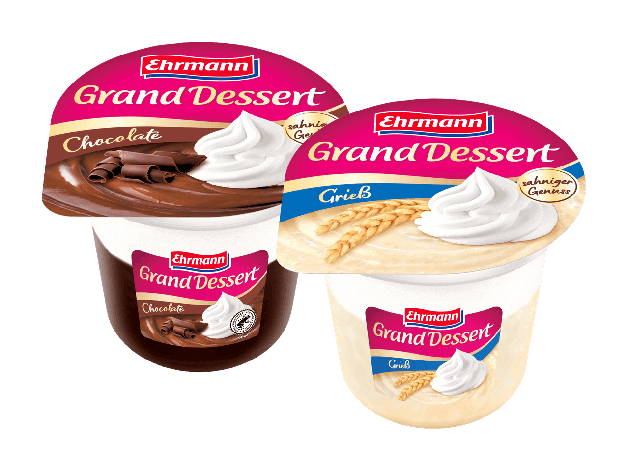Zwei Amora Grand Dessert Becher, Schokolade und Vanille.