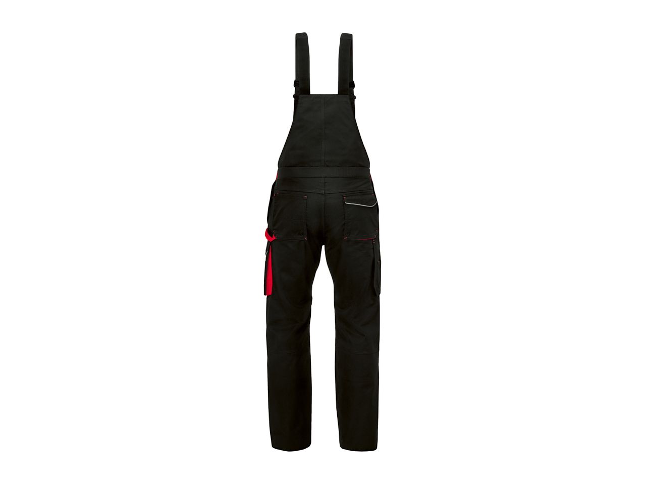 Black work overalls with red accents and multiple pockets.
