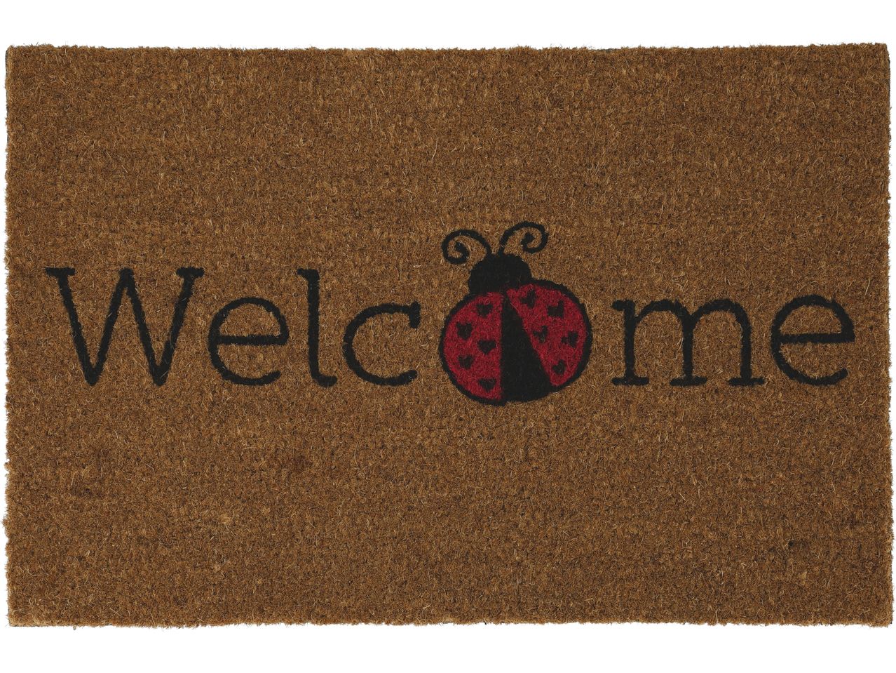 Brown coir doormat with 'Welcome' text and a ladybug design.