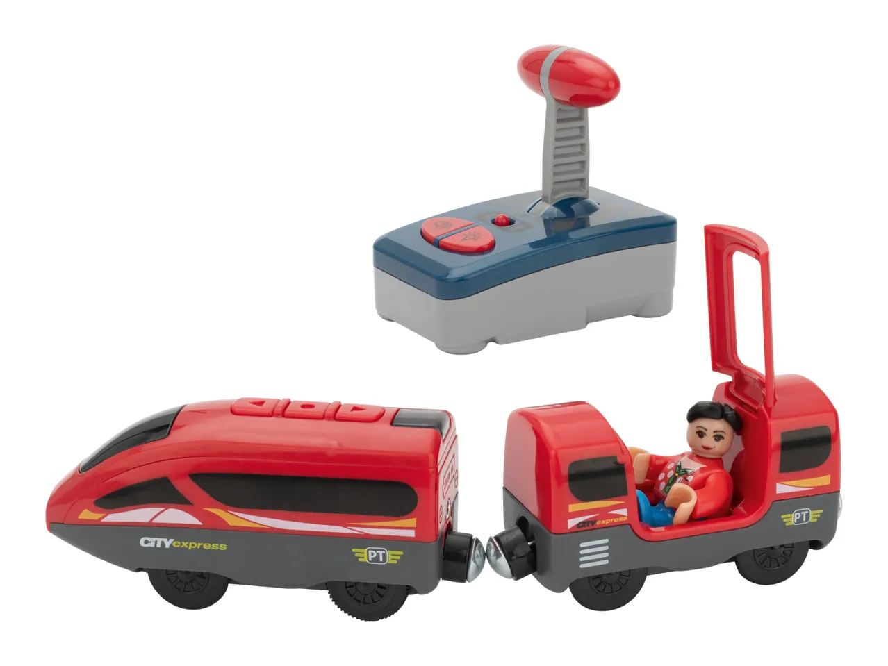 A red toy train with a driver figurine and a remote control.