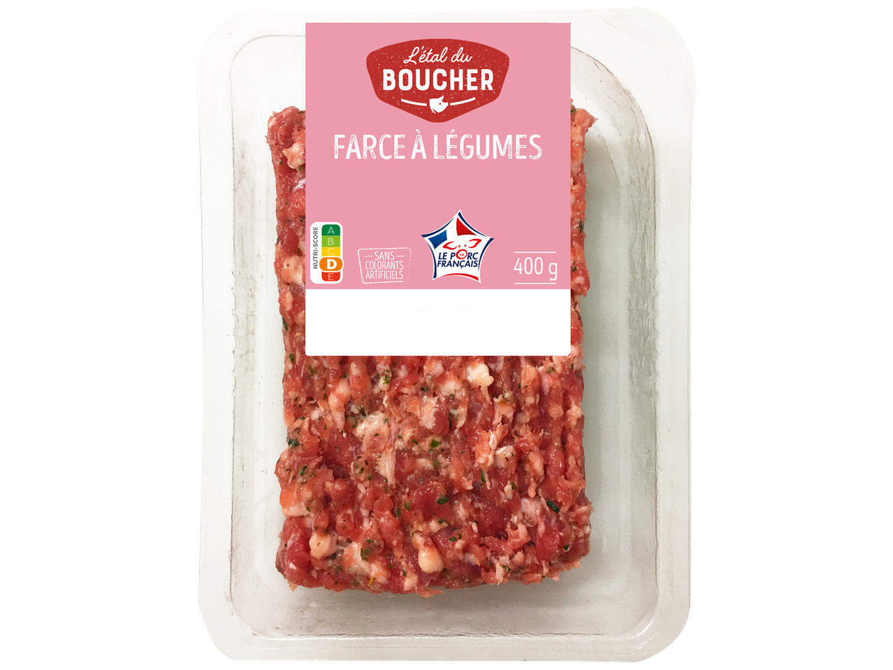Barquette de farce à légumes de 400g, avec Nutri-Score D et la mention 'sans colorants artificiels'.