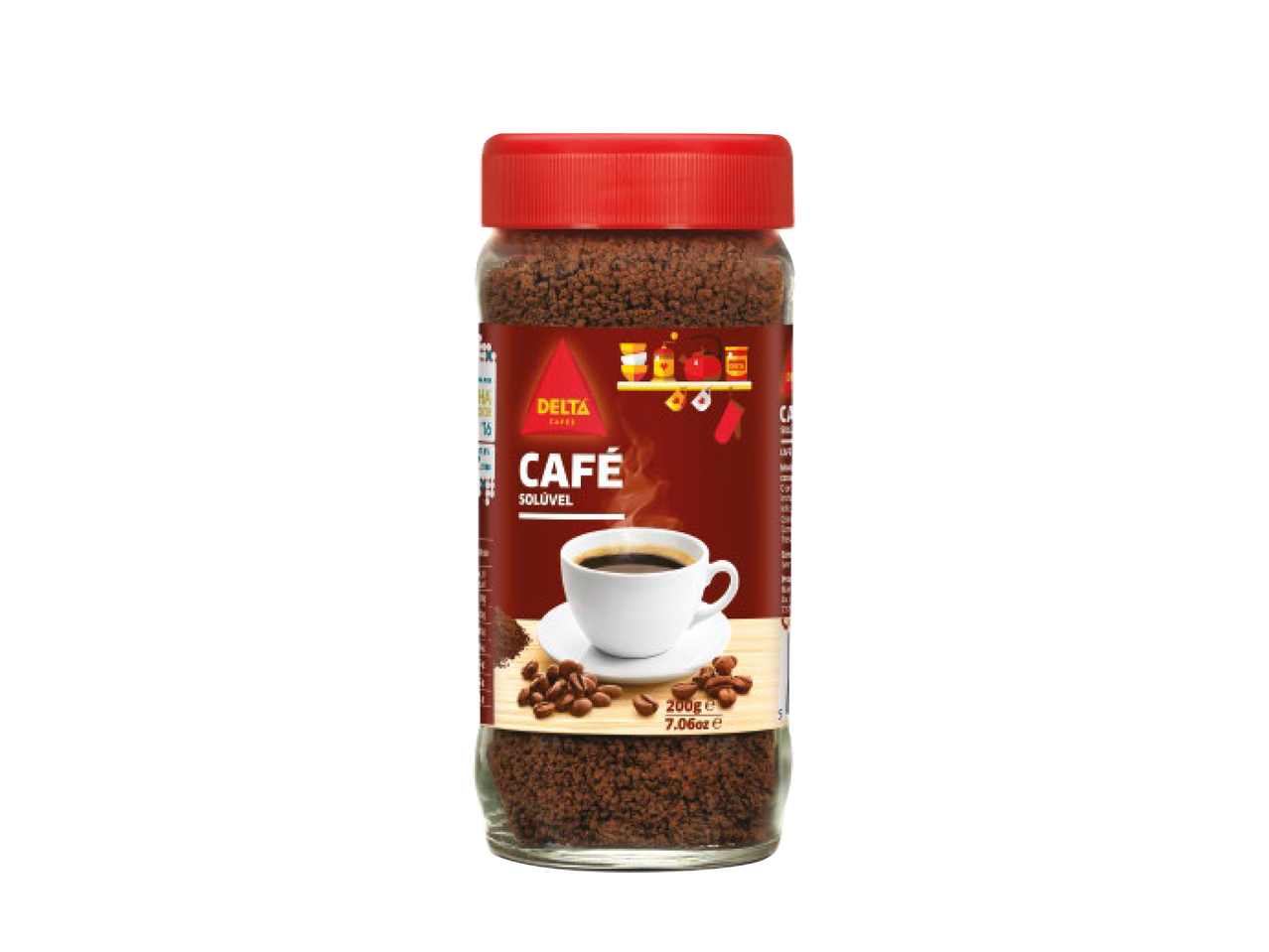 Frasco de café solúvel com uma chávena de café e grãos de café.