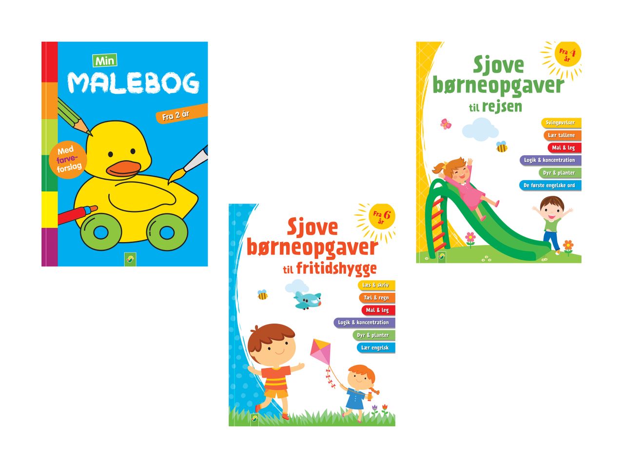 Malebog og to bøger med sjove børneopgaver til fritid og rejser.
