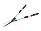 Hedge shears with extendable handles in green, red, and silver