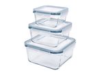 Stack of three clear glass food storage containers with light blue lids and clasps.