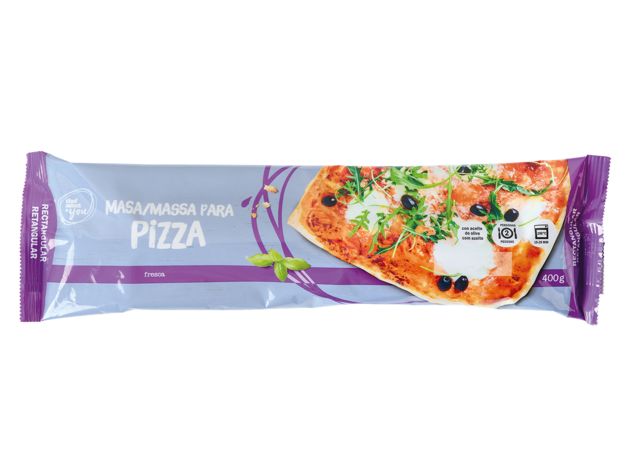 Massa para pizza retangular Chef Select & You com azeitonas e rúcula, 400g.