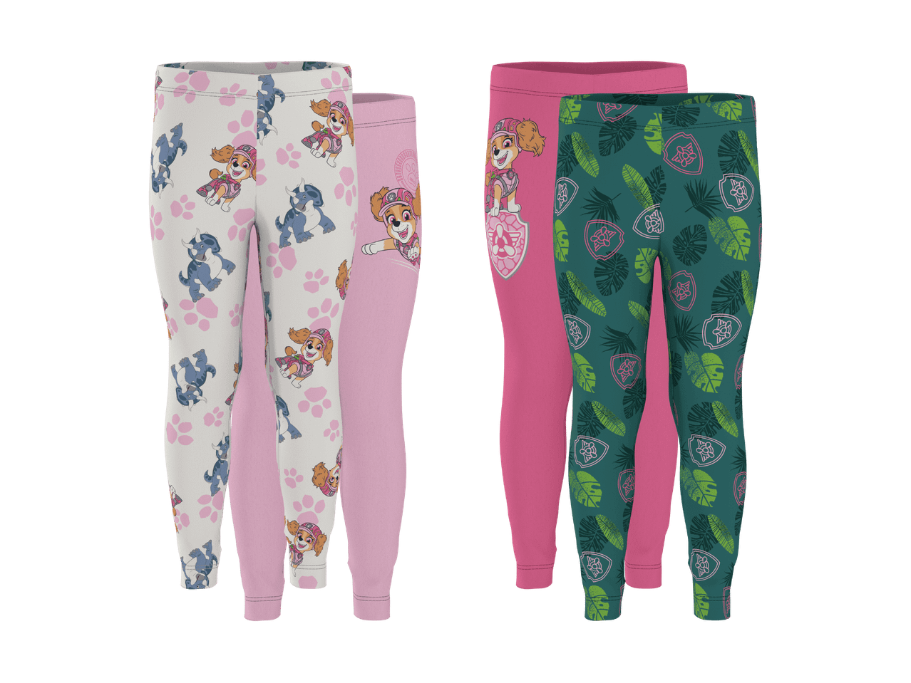 Fire par leggings til børn: to par med tegneseriefigurer og to ensfarvede.