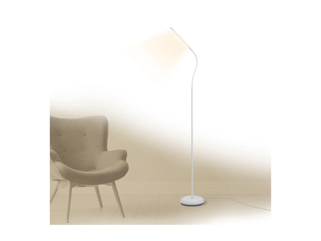 White floor lamp with warm light next to a beige armchair on a light wooden floor.