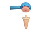 Wooden toy ice cream scoop with blue ice cream and a waffle cone.