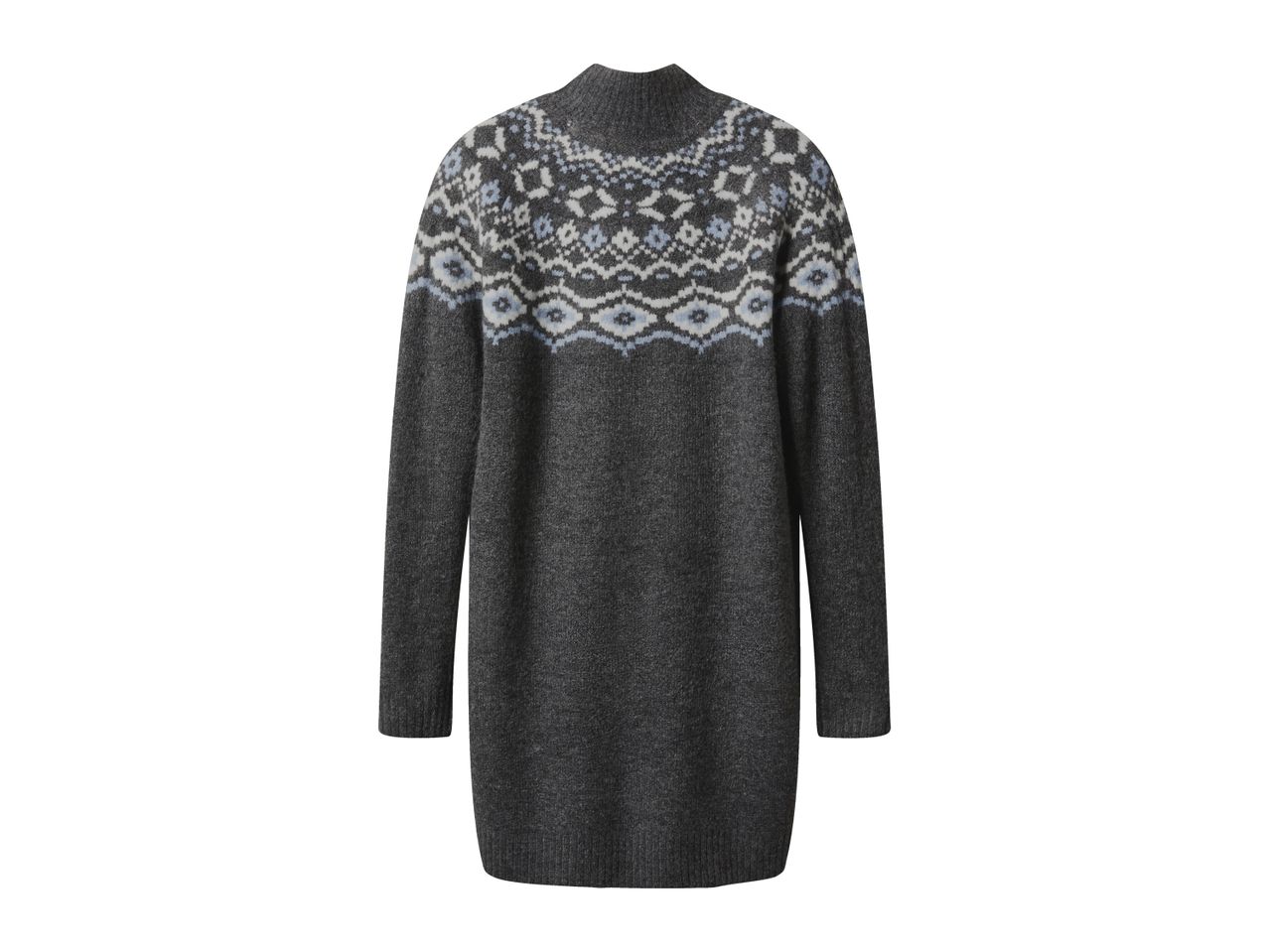Dark gray knitted dress with a light blue and white fair isle pattern