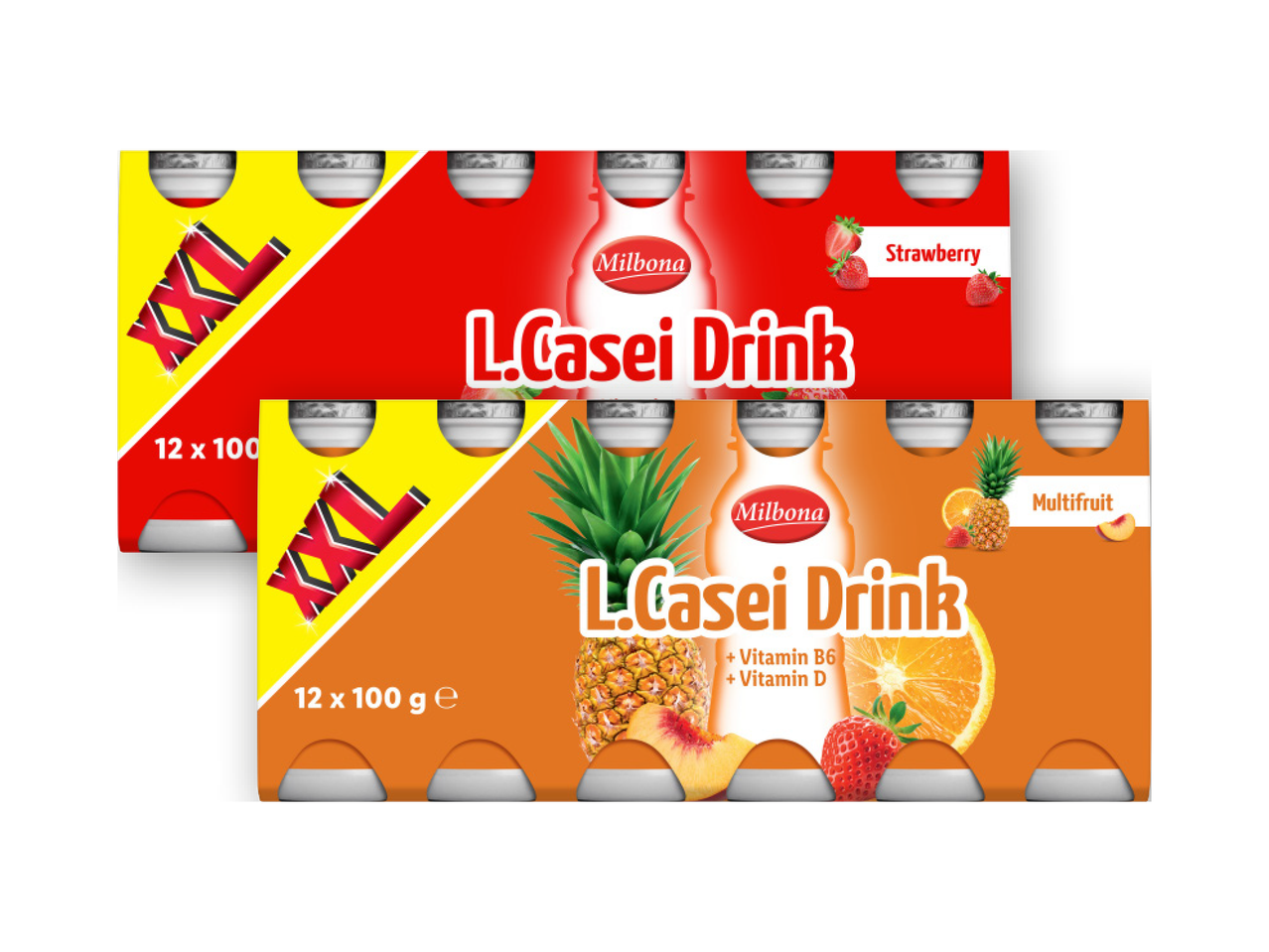 Bevande Milbona L.Casei gusto fragola e multifrutta in confezioni XXL.